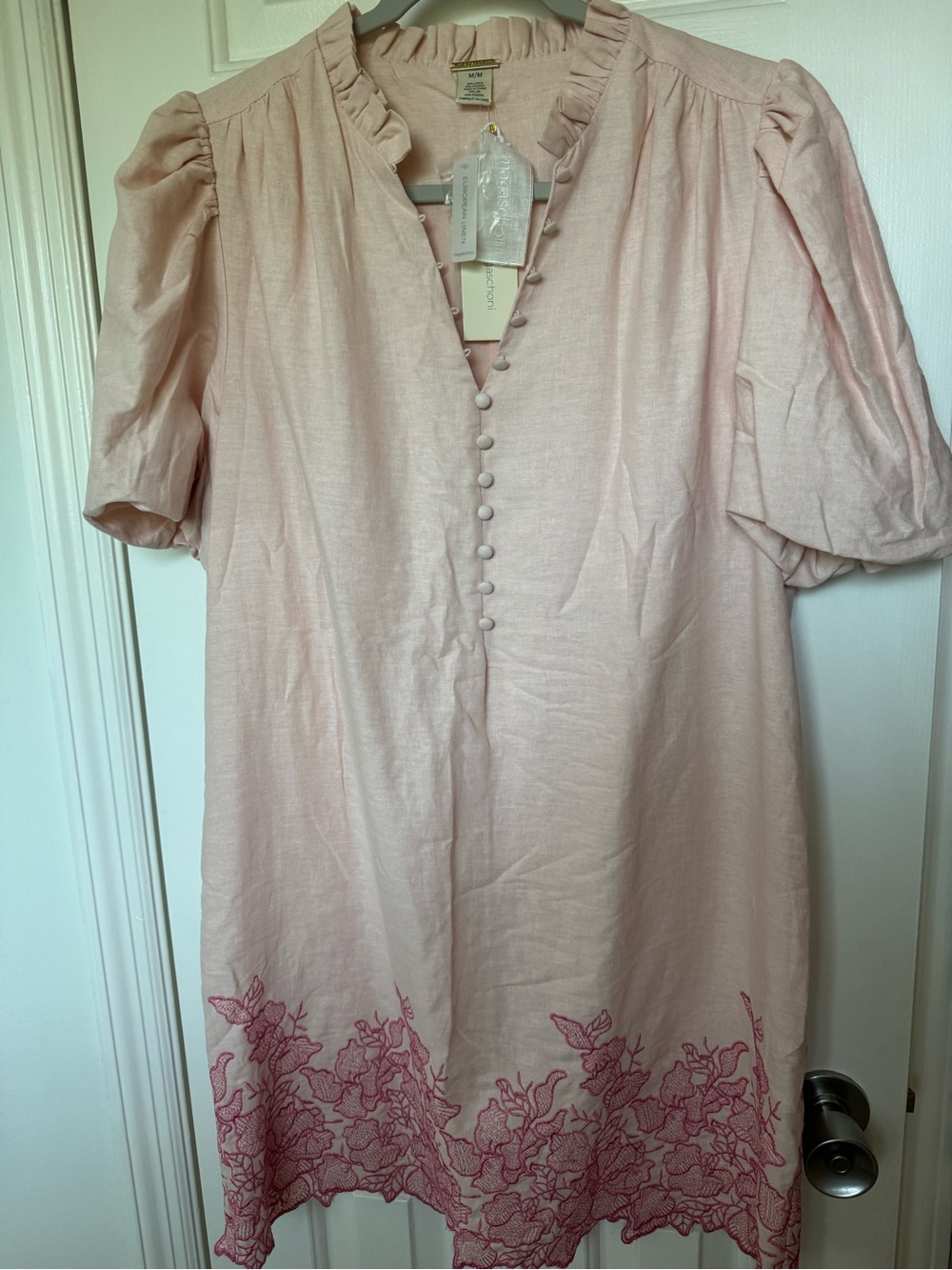 Magaschoni Pale Pink/Blush Linen Dress with Pink Embroidered Hem